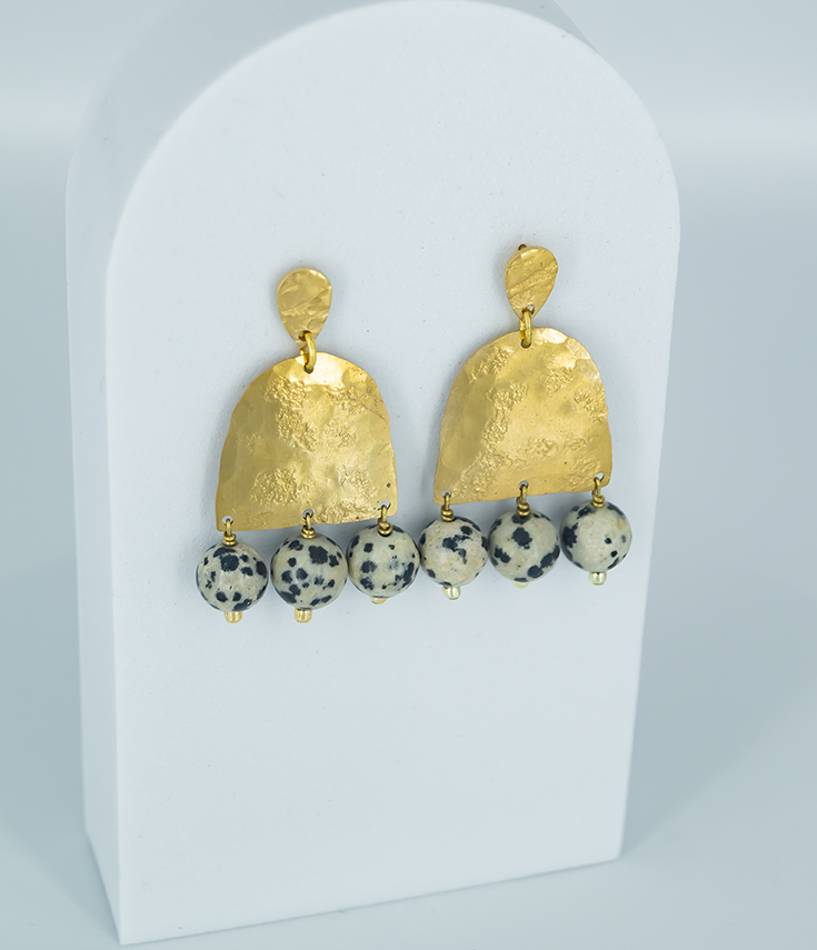 Dalmatian Jasper Beaded Brass Earrings