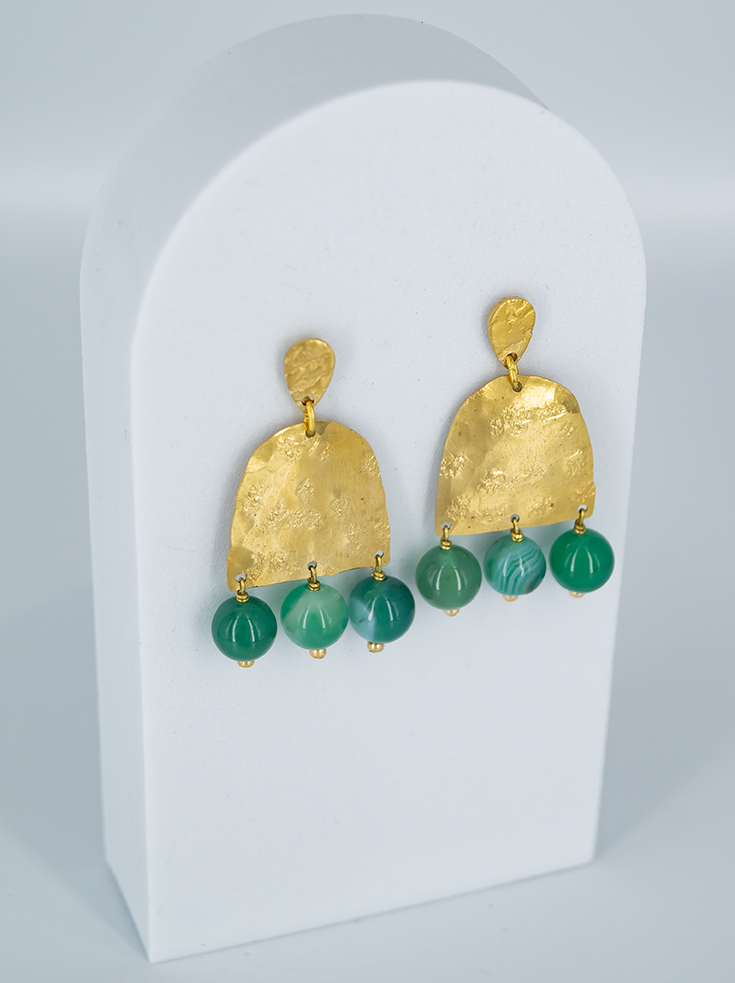 Green Agate Beaded Brass Earrings