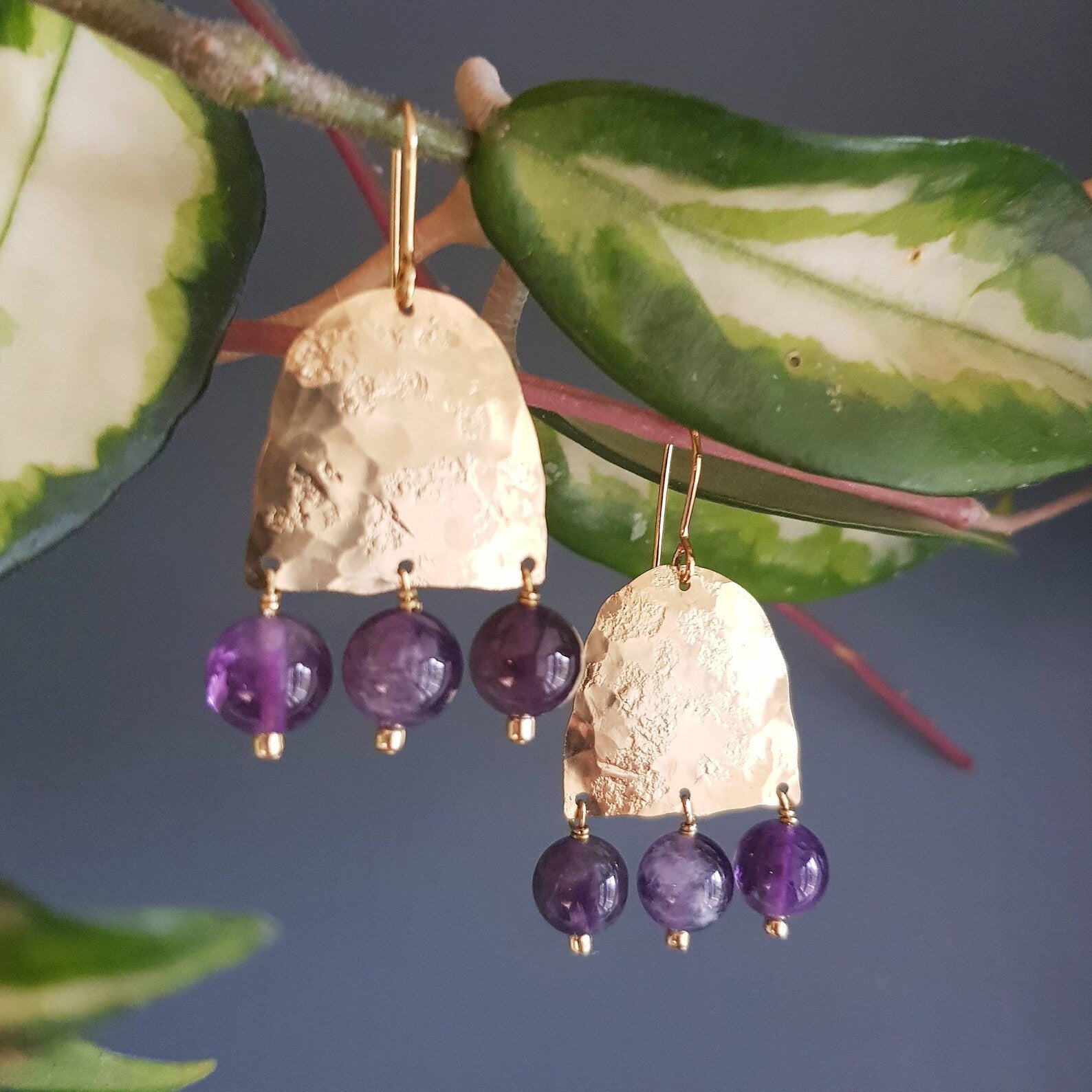 Amethyst Beaded Brass Earrings