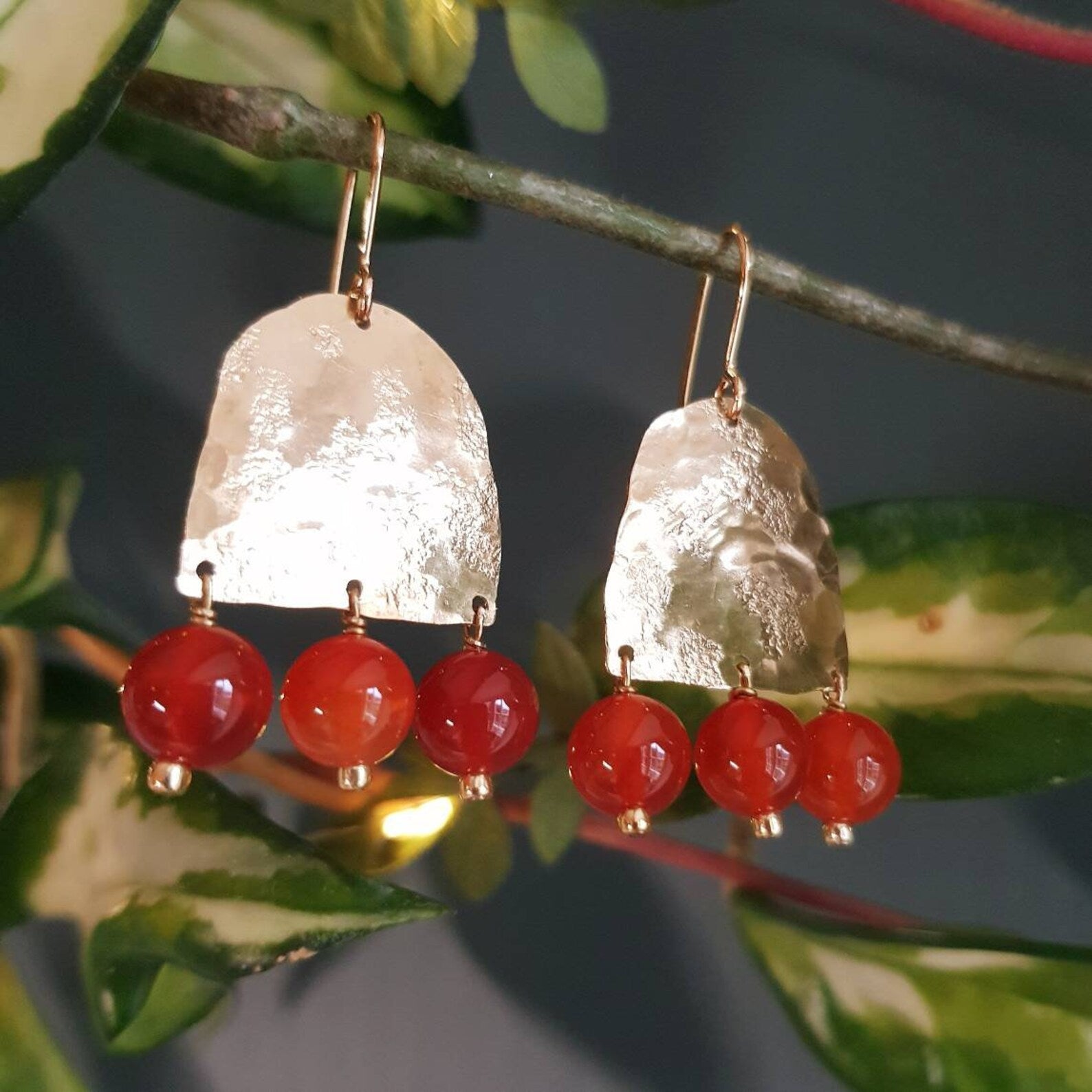 Carnelian Beaded Brass Earrings