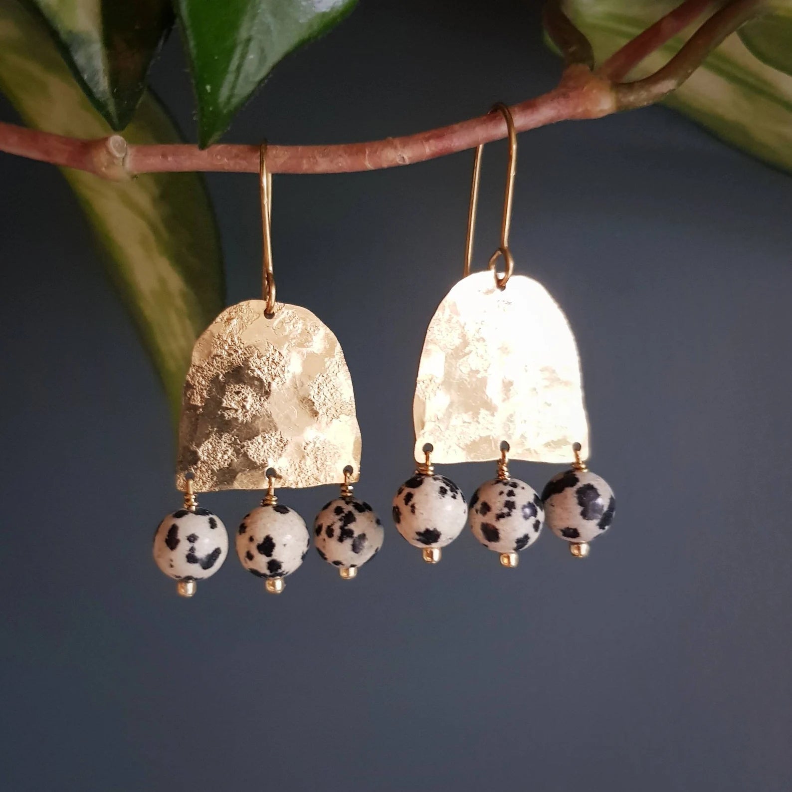 Dalmatian Jasper Beaded Brass Earrings