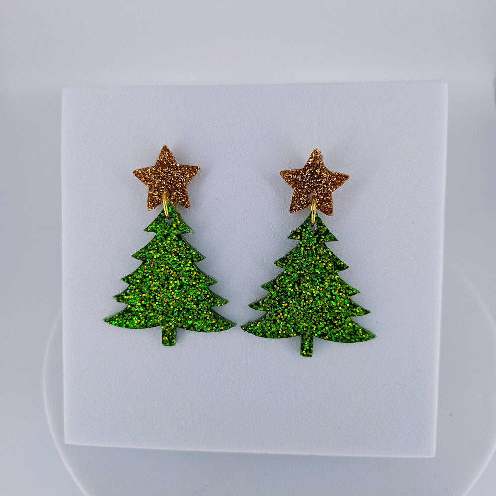 Green Christmas Tree with Gold Star Earring