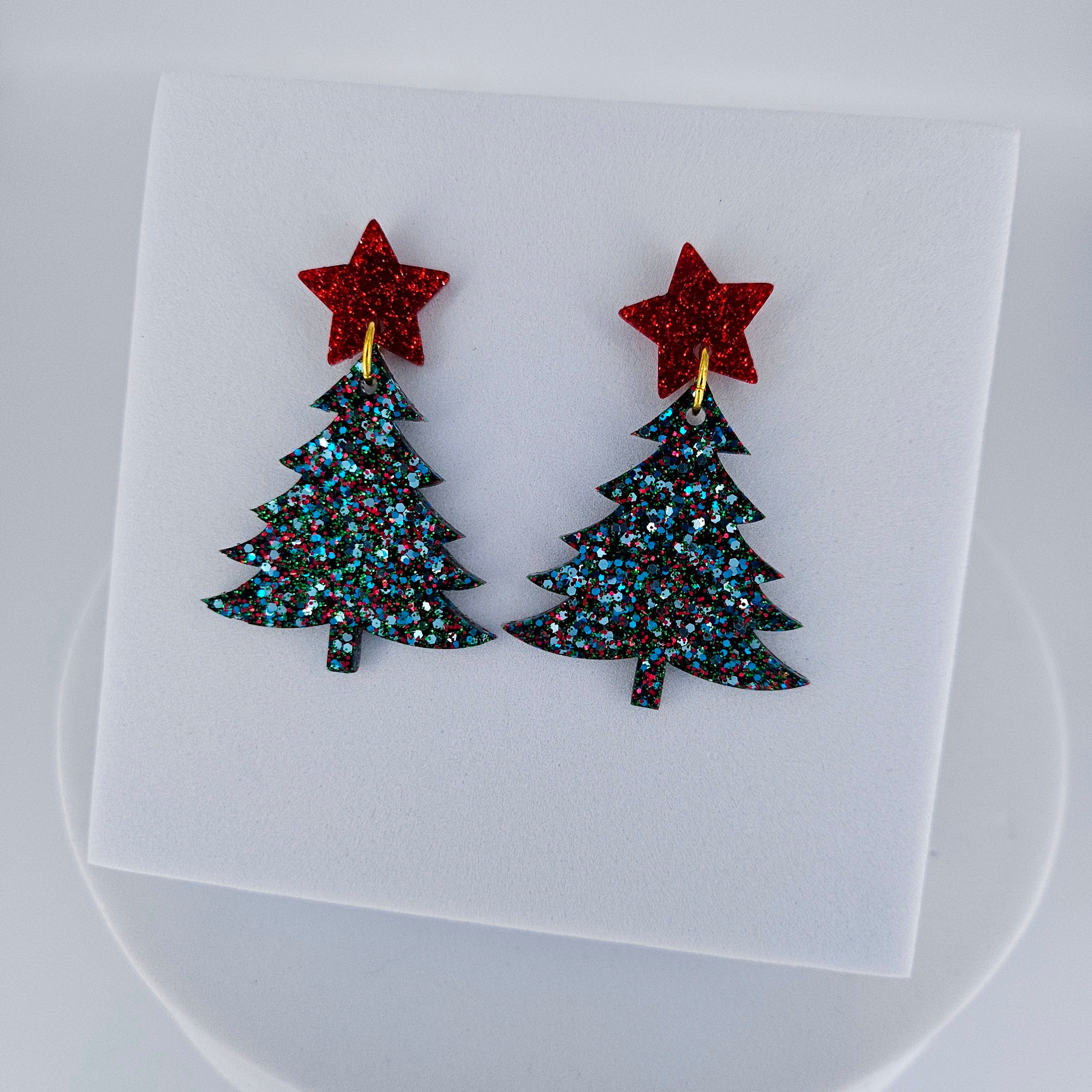 Blue Christmas Tree with Red Star Earrings