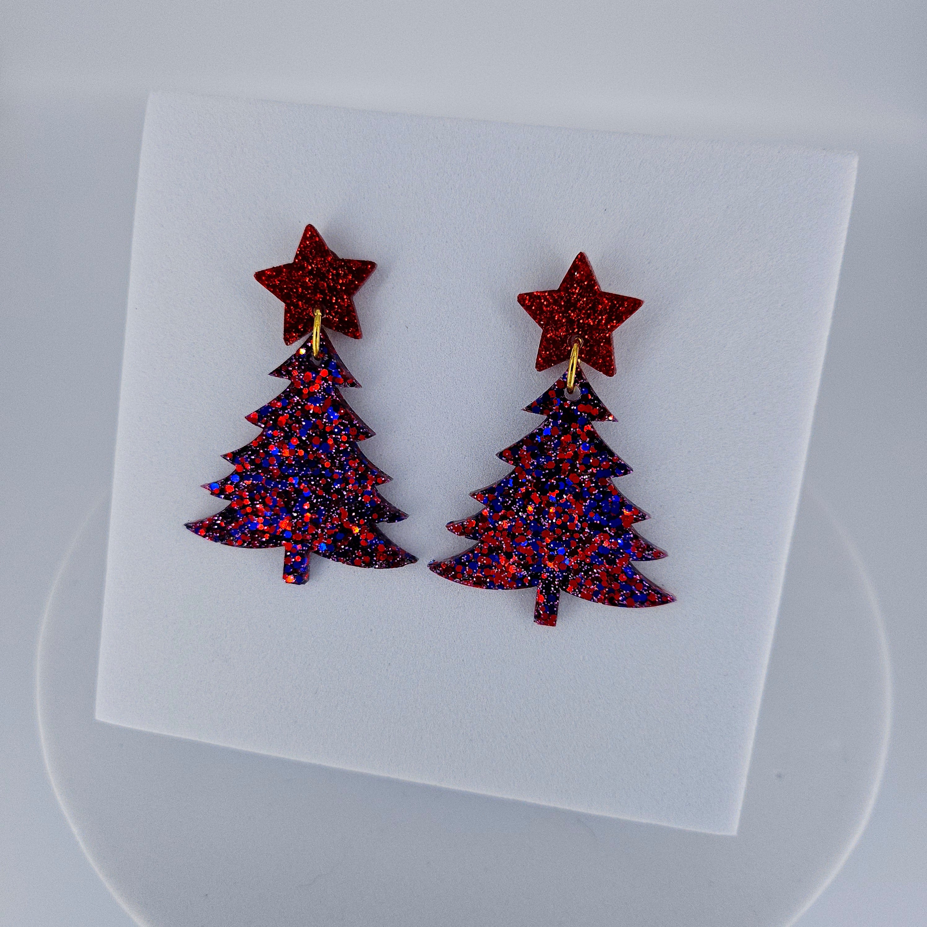 Purpley Christmas Tree with Red Star Earrings