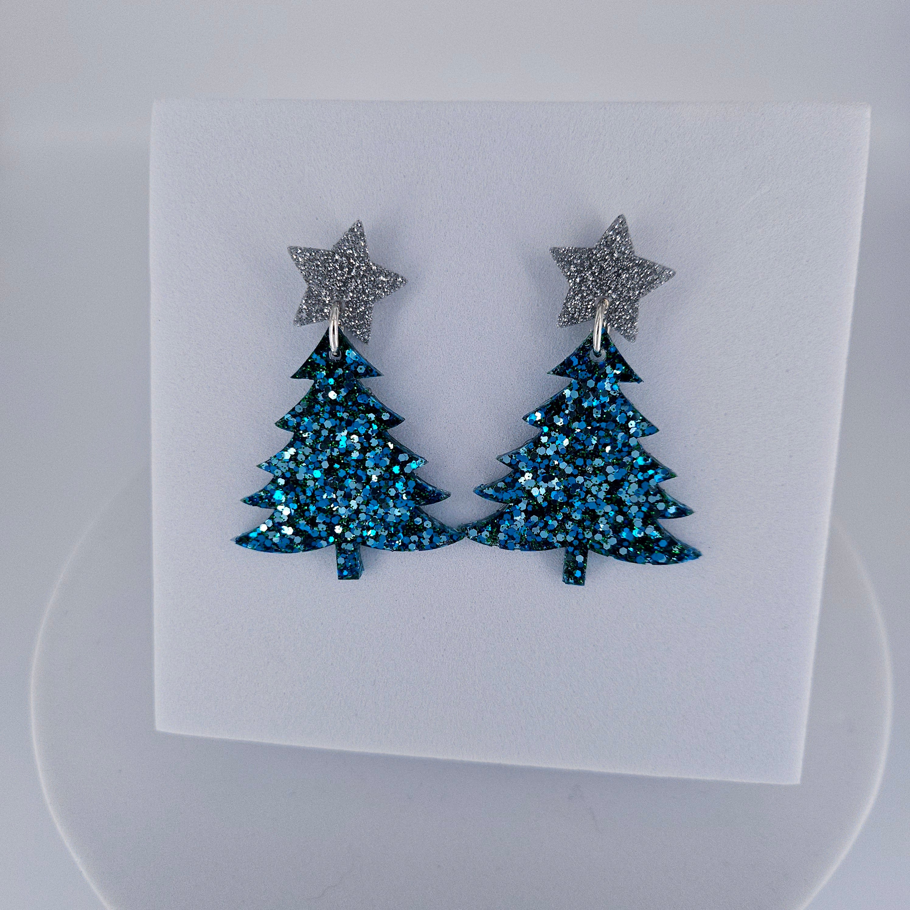 Blue Christmas Tree with Silver Star Earrings