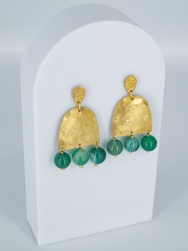 Green Agate Beaded Brass Earrings