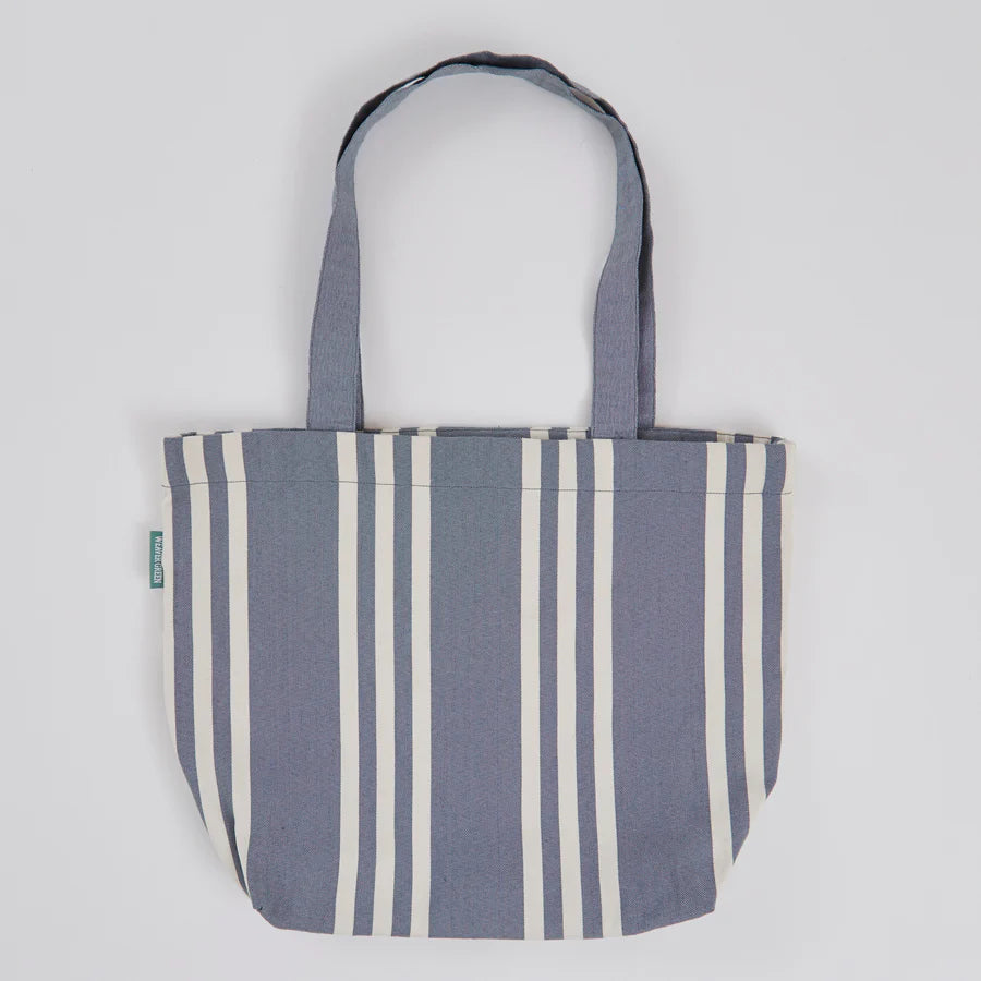 Blue Tote Bag with Thick White Stripes