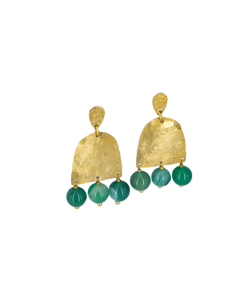 Green Agate Beaded Brass Earrings